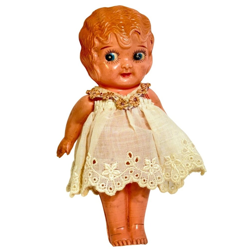 Celluloid Doll With Lacy Cream Dress & Hand-Painted Features Vintage 5.75"